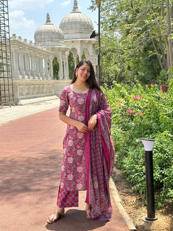 Pink Floral Straight Suit Set - Jonaya