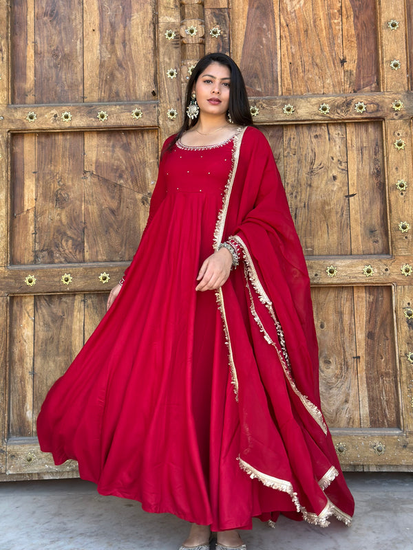 Shagun Laal Lux Anarkali Suit Set - Jonaya
