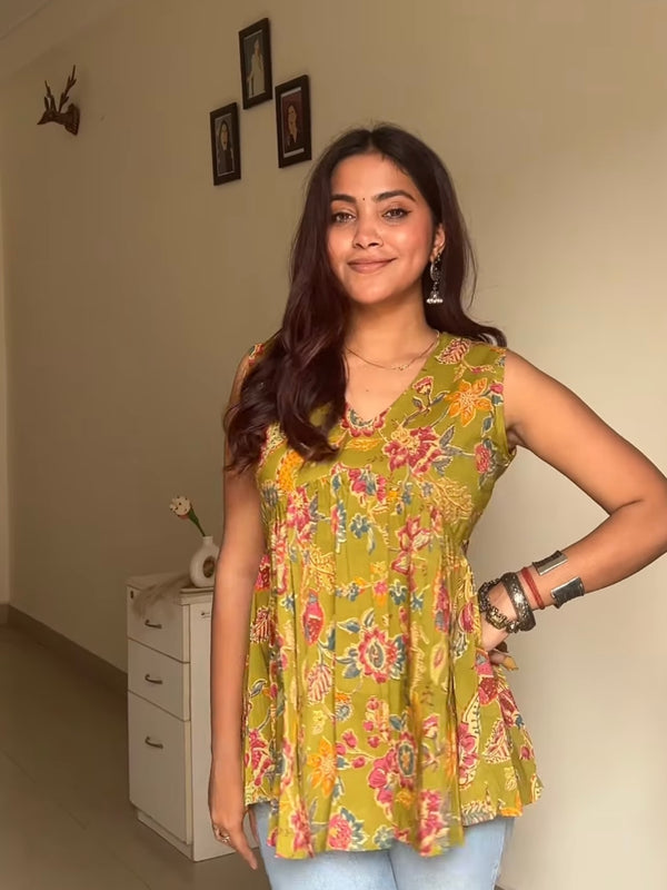 Parrot Green Cut Sleeves Peplum Top - Jonaya