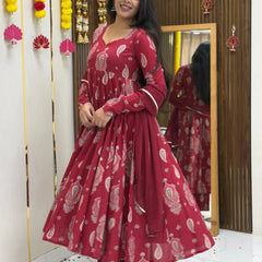 Festive Maroon green paisley Anarkali set Jonaya