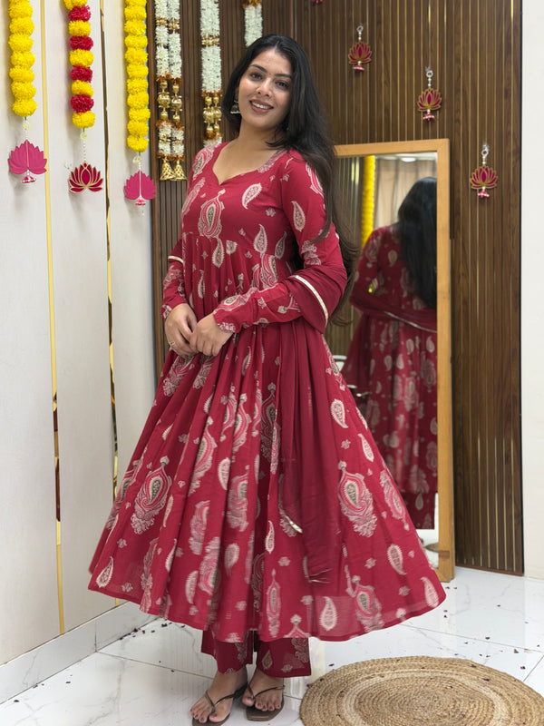 Festive Maroon green paisley Anarkali set Jonaya