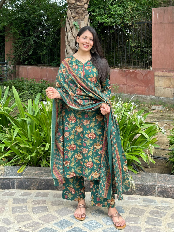 Green Maroon Floral Straight Suit Set - Jonaya