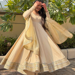 Beige heavy mirror pure organza silk Anarkali set Jonaya