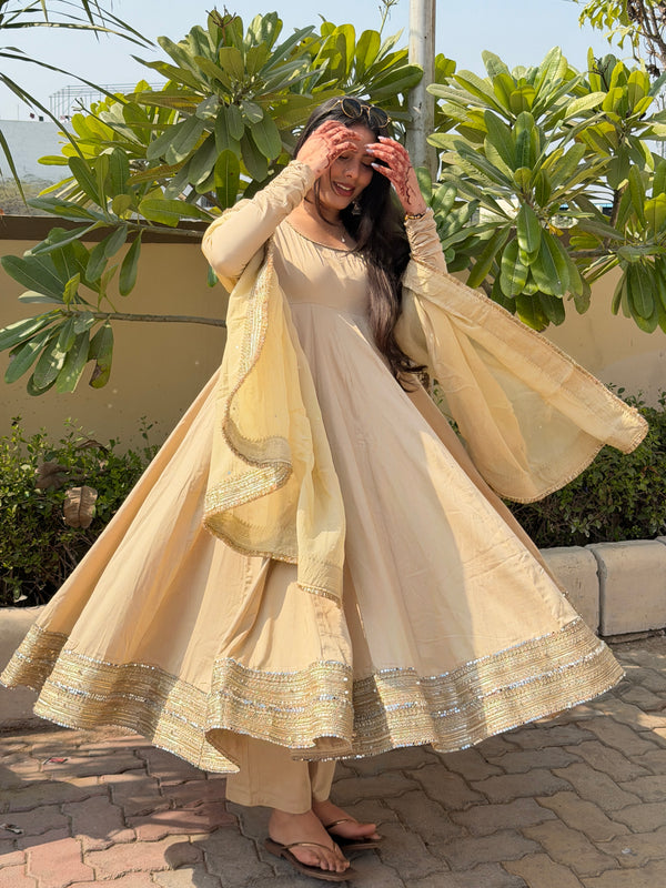 Beige heavy mirror pure organza silk Anarkali set Jonaya