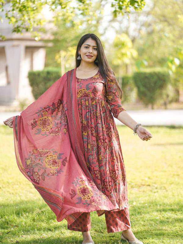 Peach Floral Flare Suit Set - Jonaya