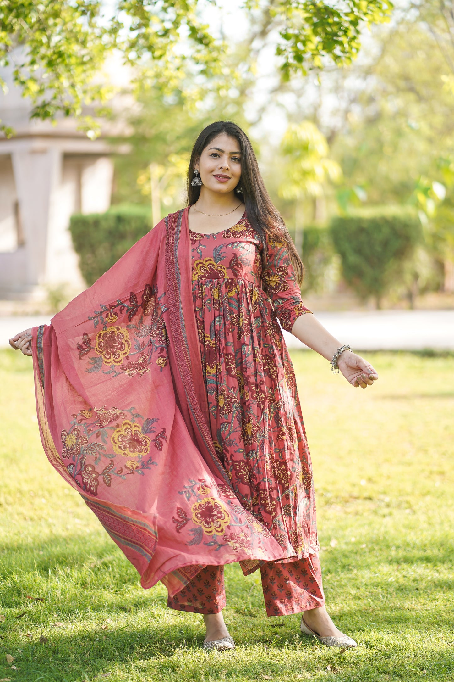 Peach Floral Anarkali suit set