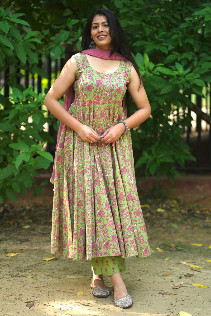 Green Purple floral Anarkali set - Jonaya