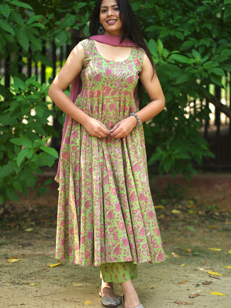 Green Purple floral Anarkali set - Jonaya