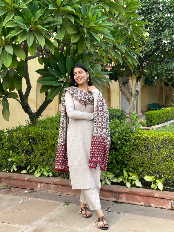 Grey maroon cotton Straight Suit Set - Jonaya