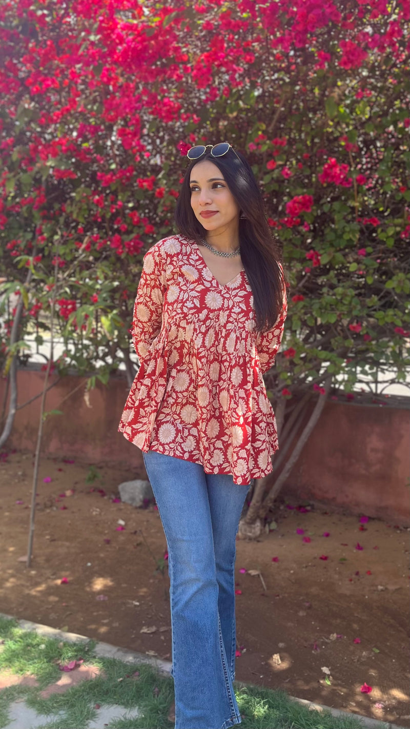 Red sunflower full sleeves peplum top - Jonaya