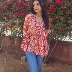 Red sunflower full sleeves peplum top - Jonaya