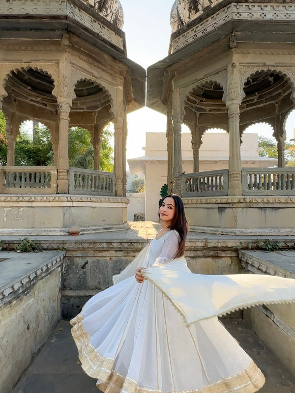 White and Gold Georgette Anarkali Set - Jonaya