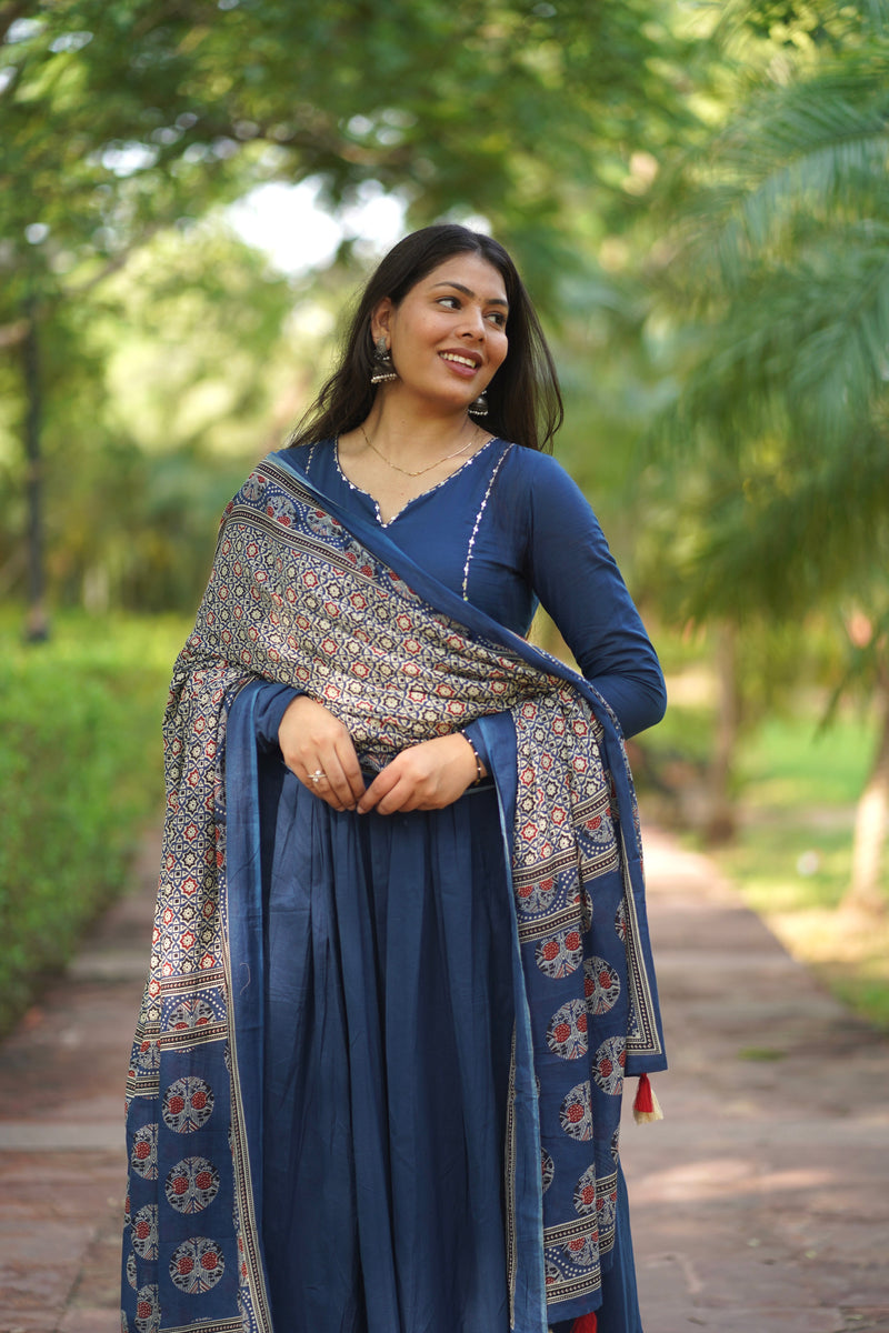 Blue Ajrakh print flair suit set Jonaya