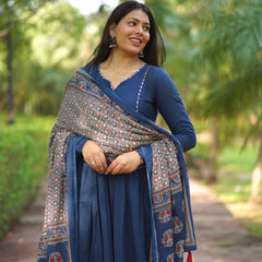 Blue Ajrakh print flair suit set Jonaya