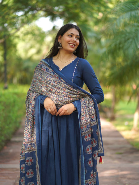 Blue Ajrakh print flair suit set Jonaya
