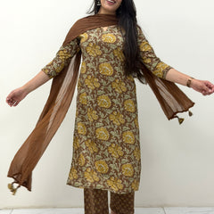 Pastel brown mustard straight suit set Jonaya