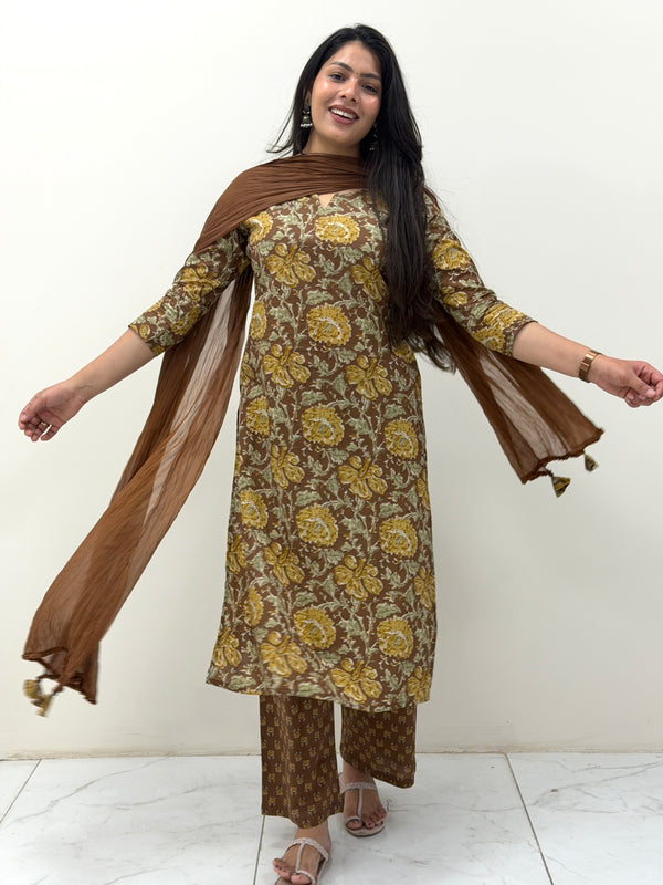Pastel brown mustard straight suit set Jonaya
