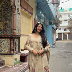 Beige Pink Handblock Anarkali
