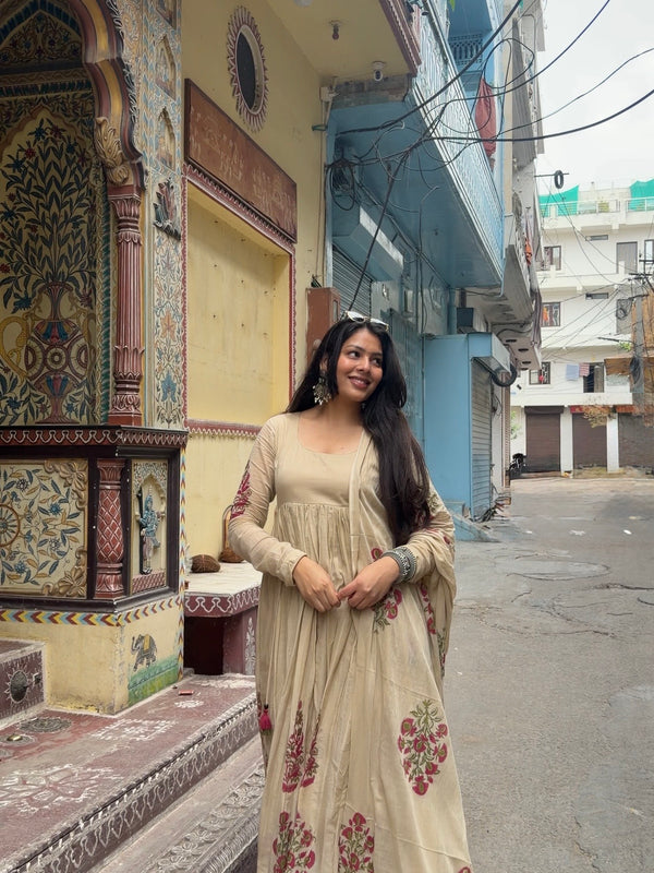 Beige Pink Handblock Anarkali