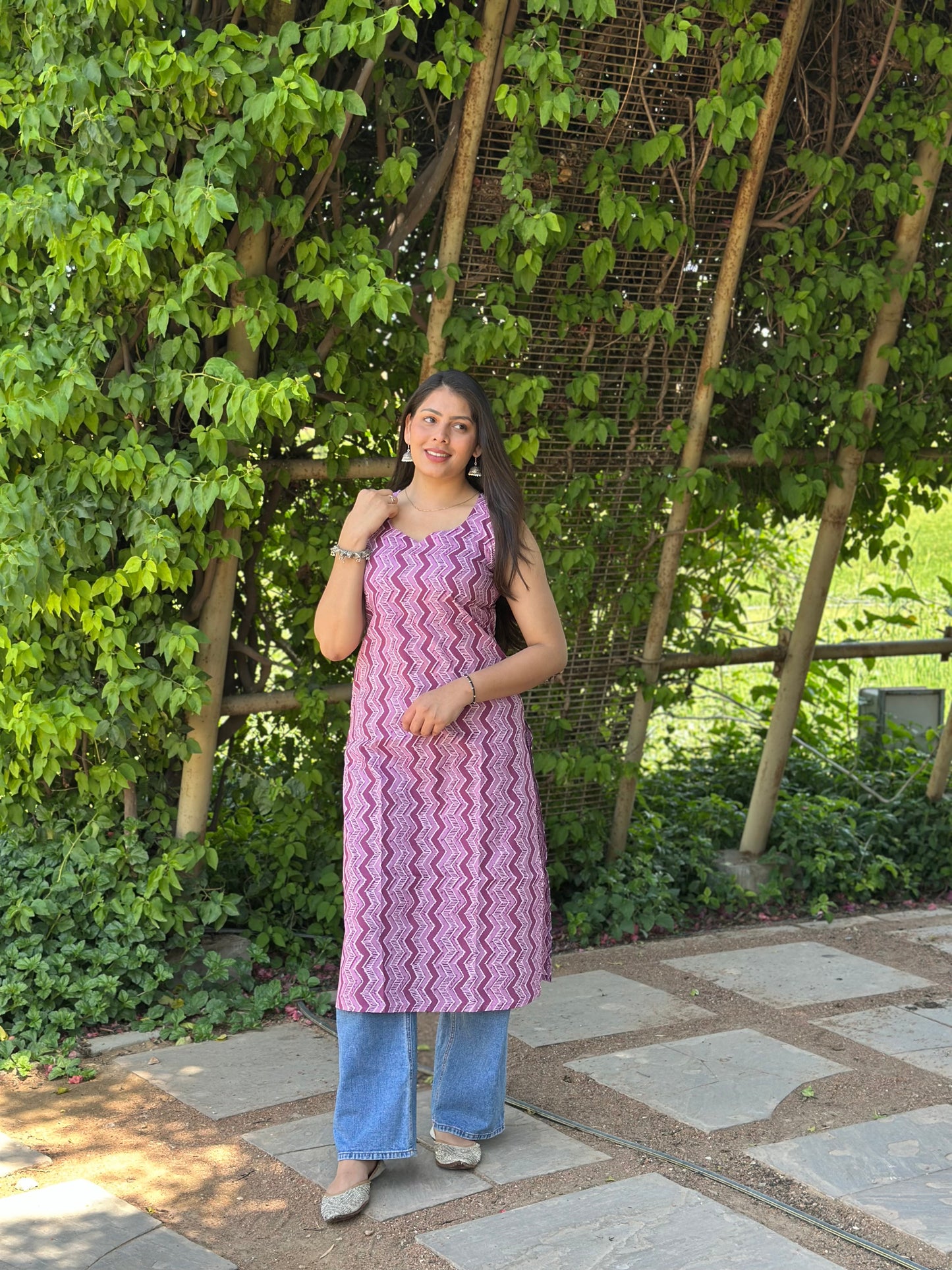 Purple love strips straight kameez