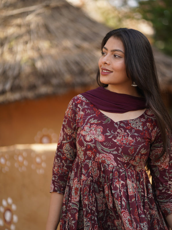 Grey Wine Rose Flare Suit Set - Jonaya