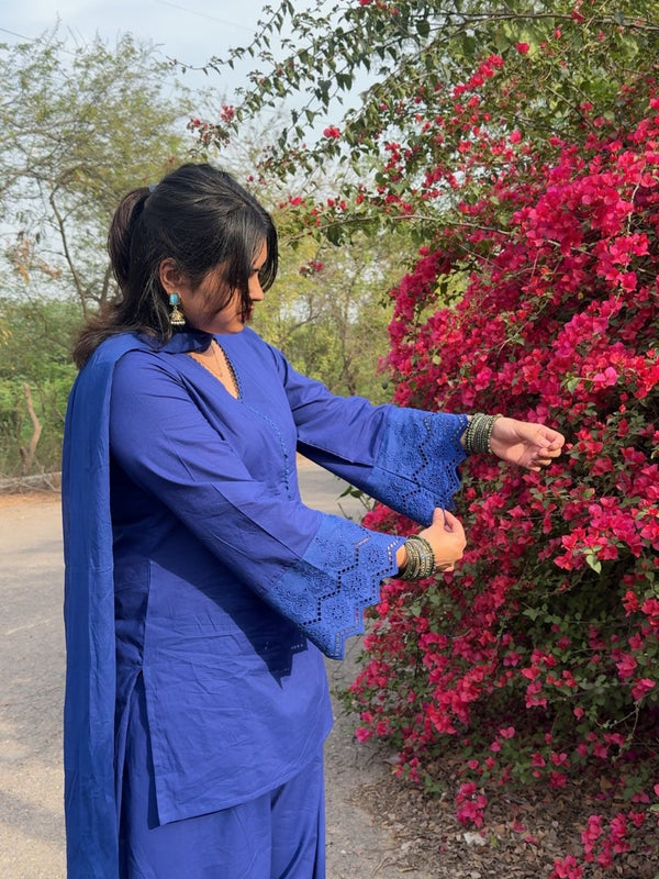 Royal Blue Schiffly Farshi Salwar Set Jonaya