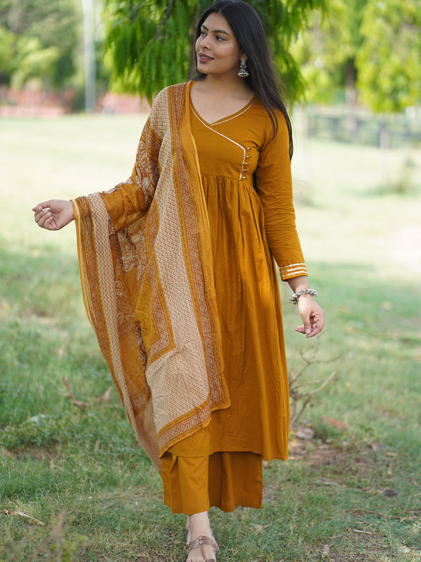 Mustard Solid Angrakha Potli Flare Suit Set - Jonaya