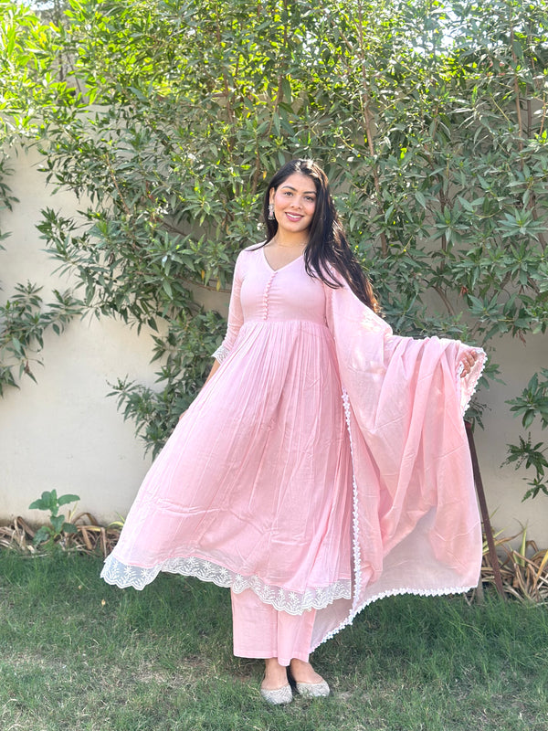 Baby Pink Mul Cotton Flare Suit Set - Jonaya