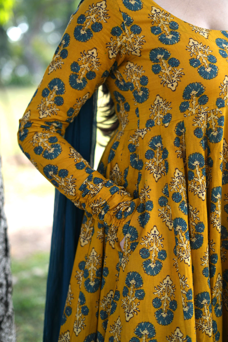 Gulmohar Mustard Anarkali suit set Jonaya