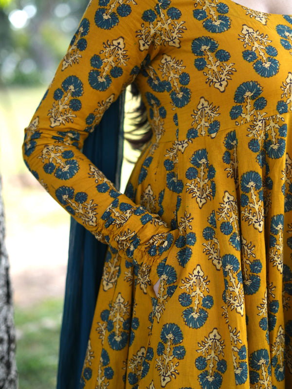 Gulmohar Mustard Anarkali suit set Jonaya