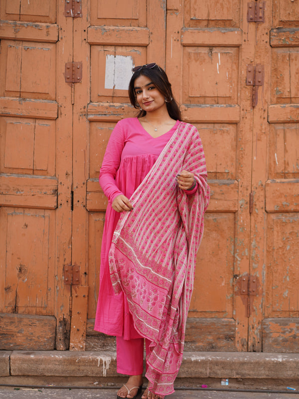 Pink Solid Alia Cut Suit Set - Jonaya