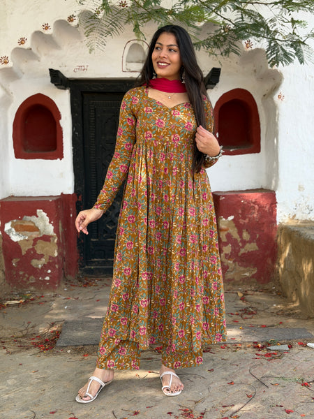 Pink mustard printed flare suit set Jonaya