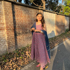 Pink indigo motif gher suit set - Jonaya