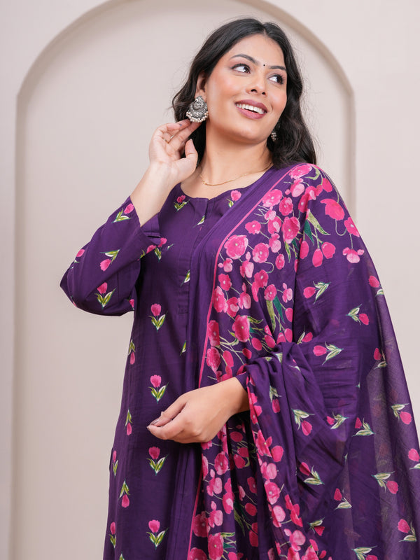 Purple Pink Floral Straight Suit Set - Jonaya