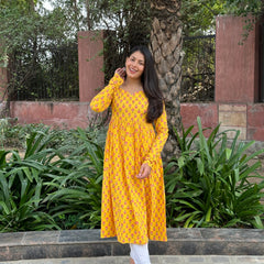 Yellow Pink motif Anarkali kameez - Jonaya