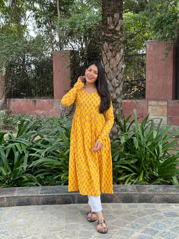 Yellow Pink Motif Anarkali Kameez - Jonaya