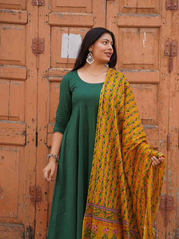 Green Solid Floral Anarkali Suit Set - Jonaya