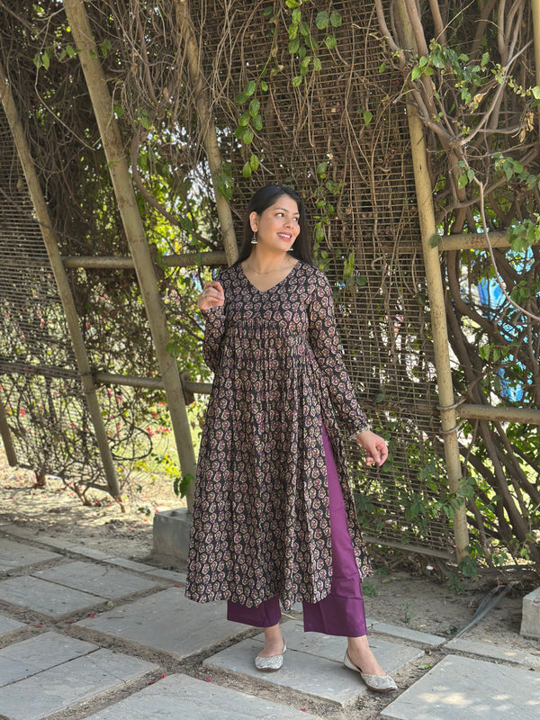 Black Purple High Slit Flared Kameez - Jonaya