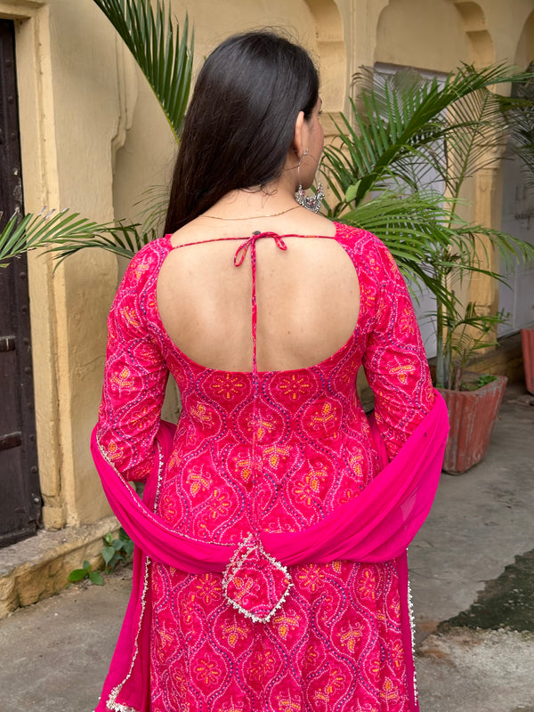 Pink Bandhani Anarkali Suit Set - Jonaya