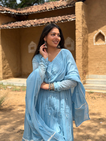 Powder blue white embroidery Anarkali