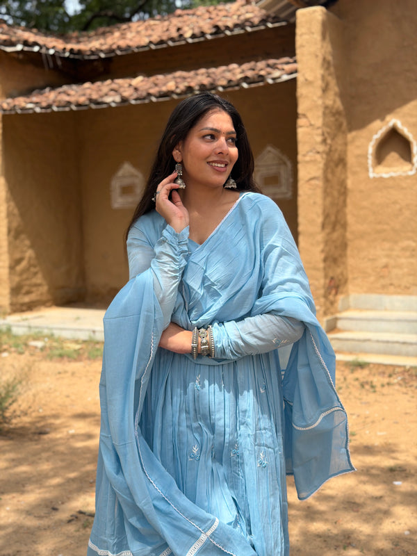 Powder blue white embroidery Anarkali