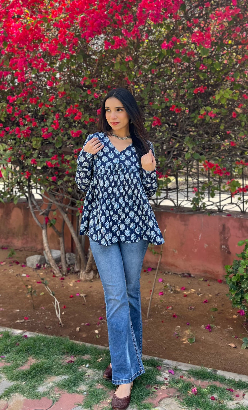 Blue lotus full sleeves peplum top - Jonaya