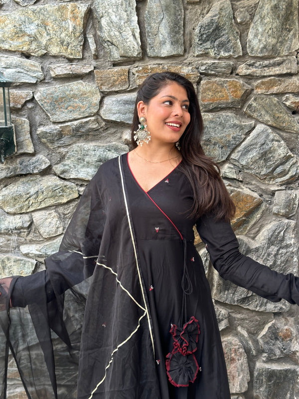 Black Self Embroidered Flare Suit Set - Jonaya