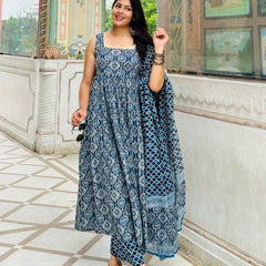 Indigo Ajrakh gher suit set - Jonaya