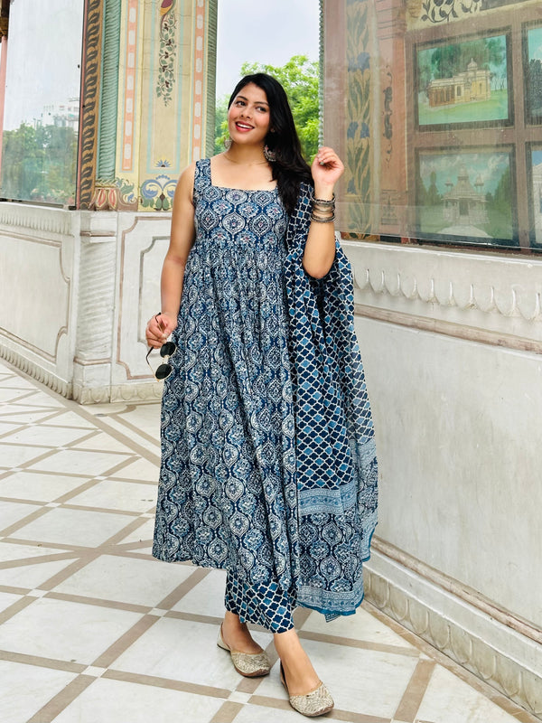 Indigo Ajrakh Flare Suit Set - Jonaya