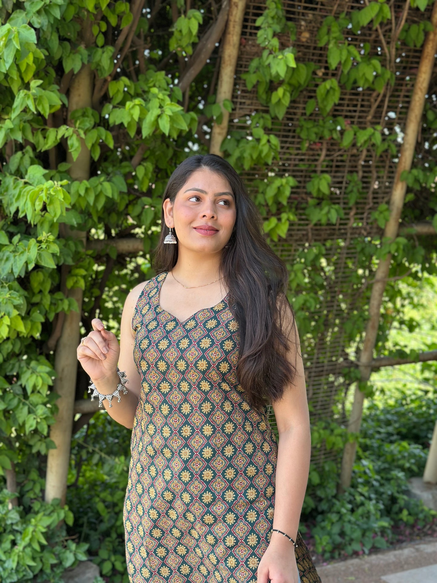 Green Ajrakh booti Straight kameez
