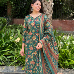 Green Maroon Floral Straight Suit Set - Jonaya