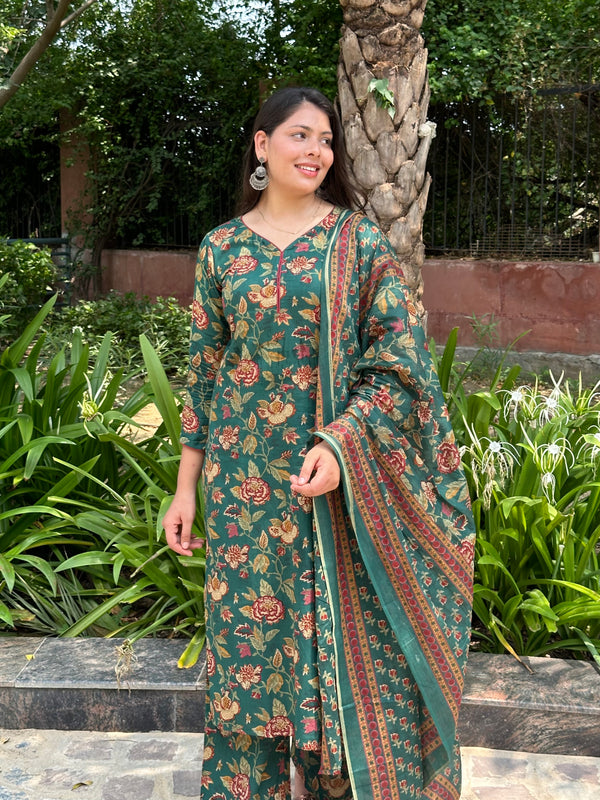 Green Maroon Floral Straight Suit Set - Jonaya