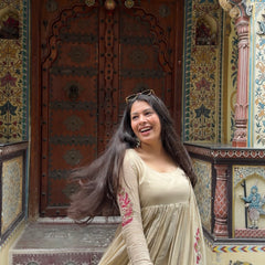 Beige Pink Handblock Anarkali