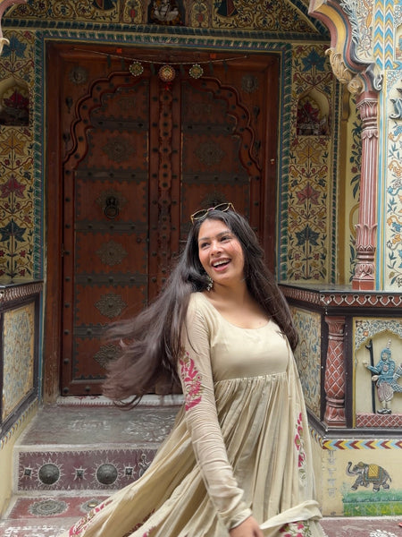 Beige Pink Handblock Anarkali
